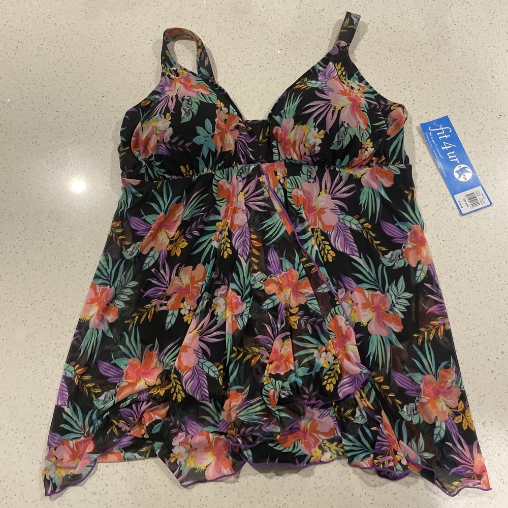 Fit 4 U Swimwear Mesh Flyaway Dress Floral over Black 1-piece Size 8 V-neck NWT